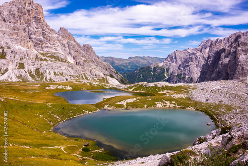 Fototapeta Naklejka Na Ścianę i Meble -  Beautiful mountain lakes in Italian Dolomites, hiking and recreation destination