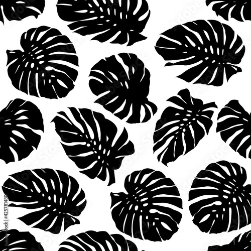 Black and White Monstera tropical leaf Pattern.