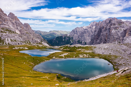 Beautiful mountain lakes in Italian Dolomites  hiking and recreation destination