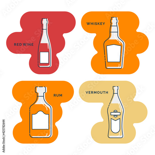 Bottle red wine whiskey rum vermouth line art in flat style. Restaurant alcoholic illustration for celebration design. Beverage outline icon. Isolated on shape background in graphic style.