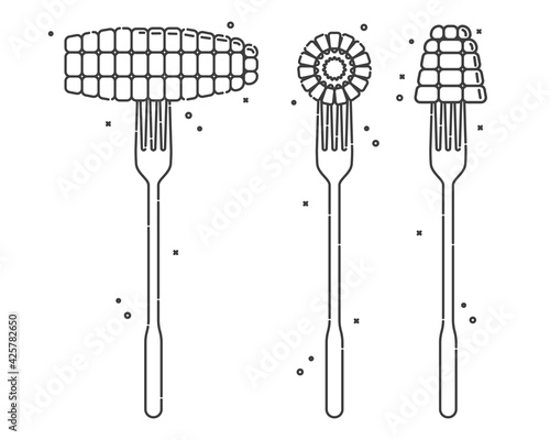 Corn on a fork on white background. Three views to object. Flat style illustration for any design. Healthy supply. Isolated object. Silverware flatware and organic vegetarian food