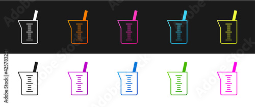 Set Laboratory glassware or beaker icon isolated on black and white background. Vector