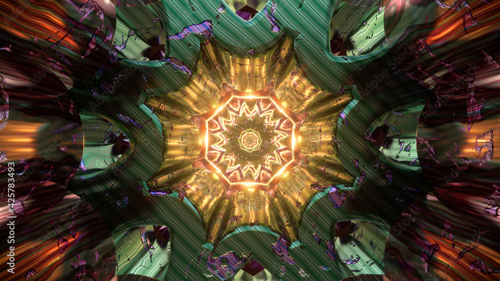 Psychedelic mandala kaleidoscope new age virtual digital oriental background 3d seamless loop vj tunnel with sacred geometry colors illustration wallpaper