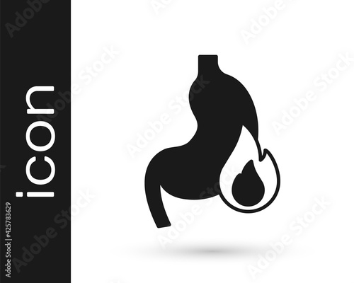 Black Stomach heartburn icon isolated on white background. Stomach burn. Gastritis and acid reflux, indigestion and stomach pain problems. Vector