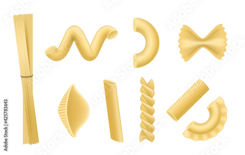 Collection realistic pasta vector illustration raw traditional Italian wheat food culinary product