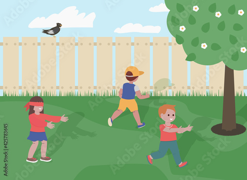 Children playing hide and seek game in the garden vector illustration.