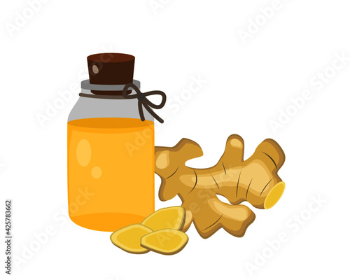 Ginger oil with ginger root with slices isolated on white background. Icon vector illustration. 