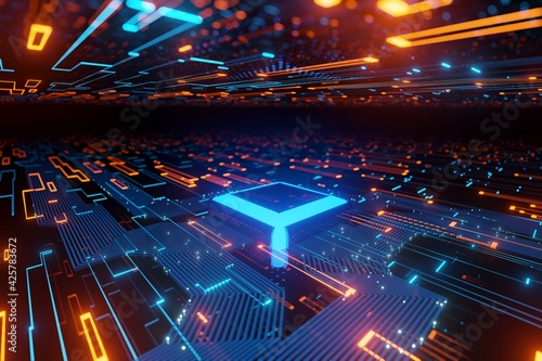 Abstract futuristic Microchip Data flow in a motherboard glowing light background 3D rendering