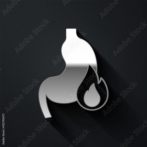 Silver Stomach heartburn icon isolated on black background. Stomach burn. Gastritis and acid reflux, indigestion and stomach pain problems. Long shadow style. Vector