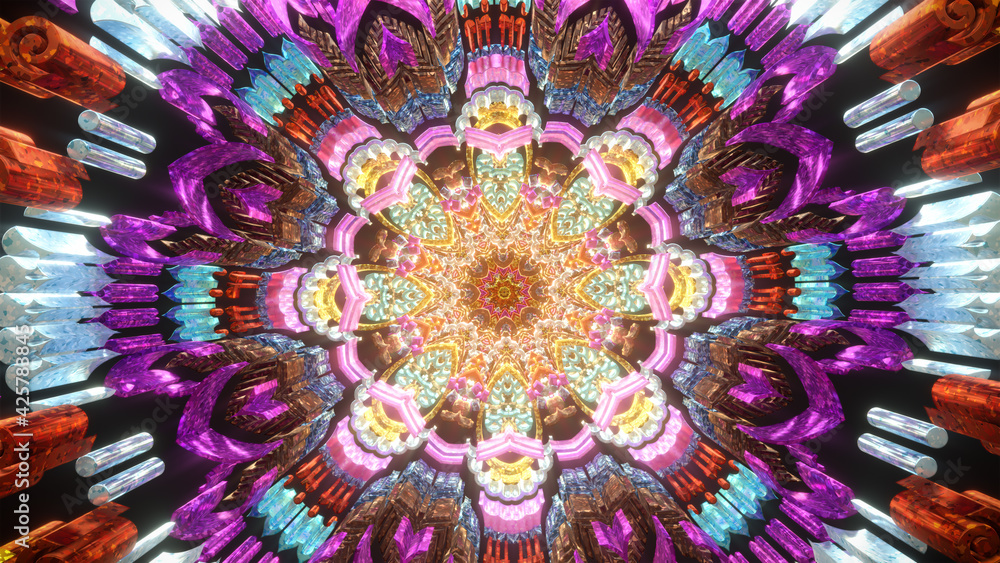 Vj trippy kaleidoscope yoga zen ethnic tunnel loop for chakra energy of background visual abstract illusion sacred geometry futuristic illustration - obrazy, fototapety, plakaty 