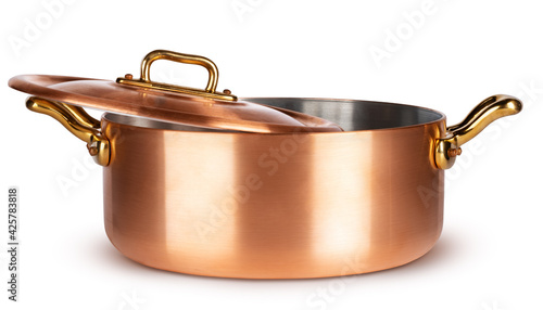 Copper cookware set isolated on white background