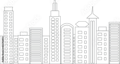 Cityscape skyline with skyscrapers isolated. Tall buildings skyscraper landscape. Urban center downtown big city megapolis vector cartoon panorama background wallpaper silhouette on white background