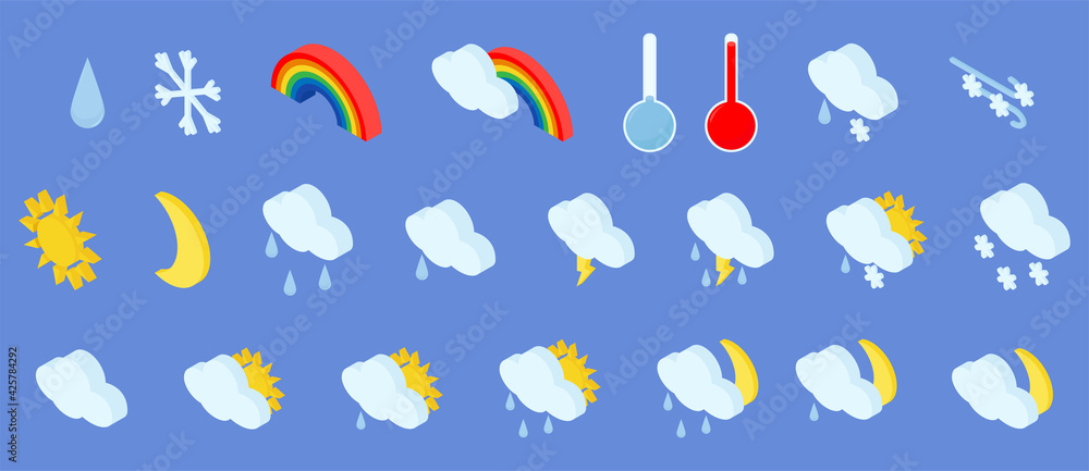 Isometric set of weather icons with cloud, sun, snowflakes and rainbow isolated on blue background. 3d illustration of meteorology pictogram. Isometric set of weather icons with cloud, sun, snowflakes and rainbow isolated on blue background. 3d illustration of meteorology pictogram.
