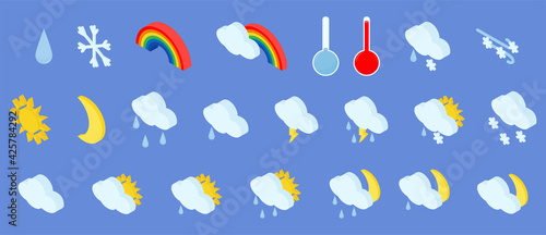 Isometric set of weather icons with cloud, sun, snowflakes and rainbow isolated on blue background. 3d illustration of meteorology pictogram.