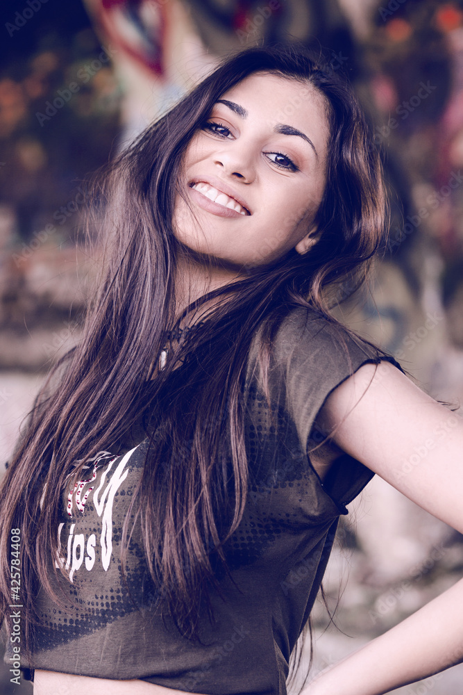 street style woman portrait in abounded house