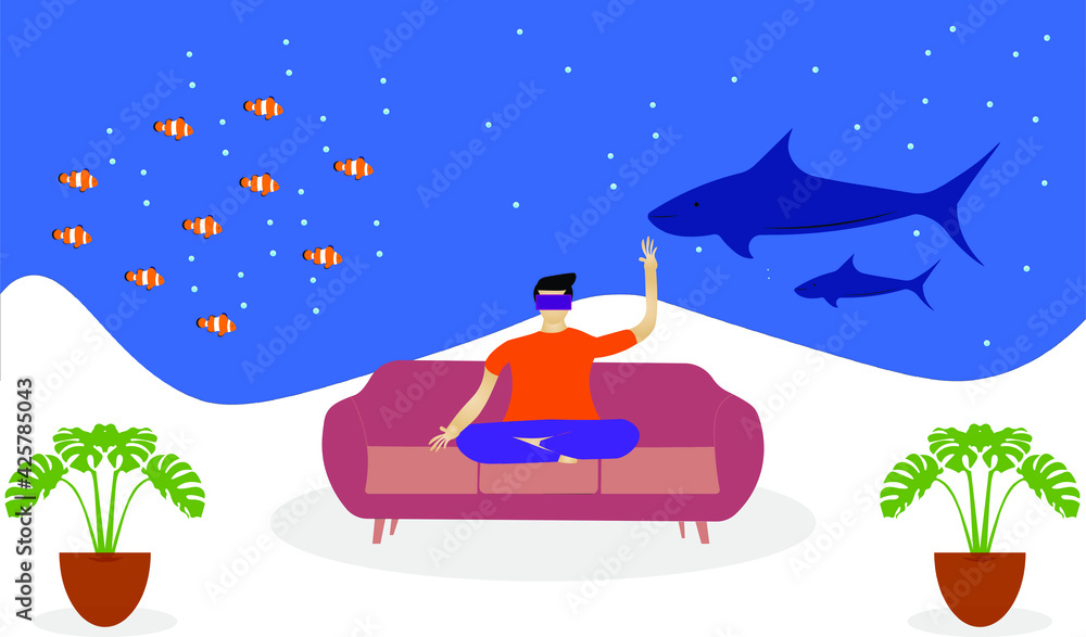 Naklejka premium Boy Wearing Virtual Reality Headset. Under Sea concept. Into Virtual Reality World. Future Technology.