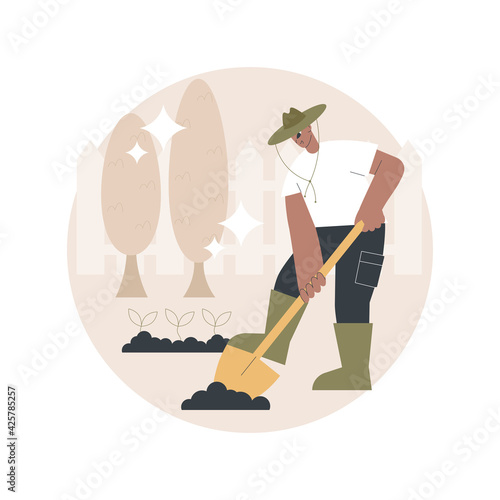 Garden maintenance abstract concept vector illustration. Lawn mowing and fertilization, waste and weed removal, cutting dry diseased branch, shaping plants, landscaping abstract metaphor.