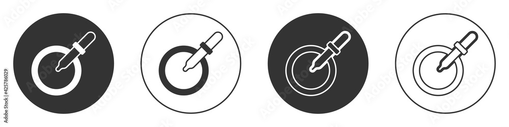 Black Petri dish with pipette icon isolated on white background. Circle button. Vector Black Petri dish with pipette icon isolated on white background. Circle button. Vector