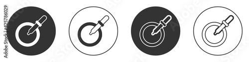 Black Petri dish with pipette icon isolated on white background. Circle button. Vector