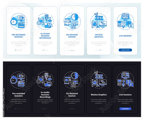 Distant meeting content onboarding mobile app page screen with concepts. Live session walkthrough 5 steps graphic instructions. UI, UX, GUI vector template with linear night and day mode illustrations