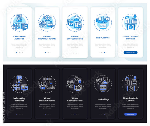 Distant sessions success onboarding mobile app page screen with concepts. Live events walkthrough 5 steps graphic instructions. UI, UX, GUI vector template with linear night and day mode illustrations
