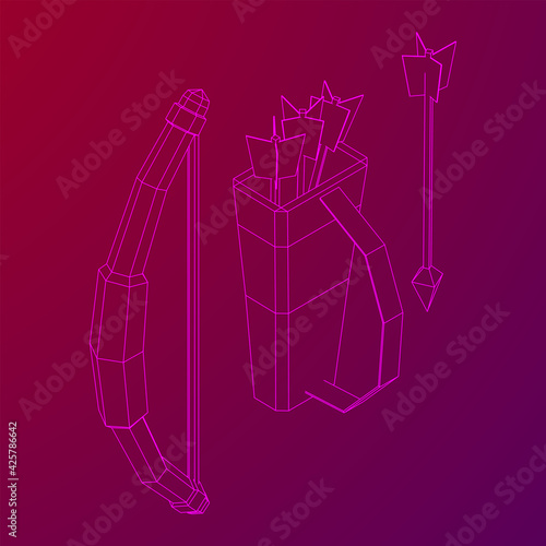 Medieval Bow and arrow archer weapon. Wireframe low poly mesh vector illustration.