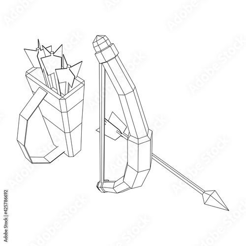 Medieval Bow and arrow archer weapon. Wireframe low poly mesh vector illustration.