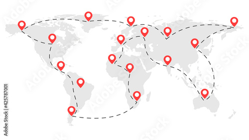 Location icons on the world map with a route in the form of dashed lines. Traveling around the world. Vector illustration
