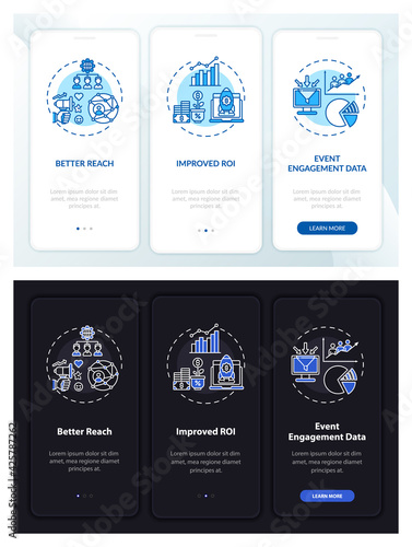 Hybrid session benefits onboarding mobile app page screen with concepts. Improved ROI walkthrough 3 steps graphic instructions. UI, UX, GUI vector template with linear night and day mode illustrations