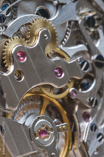 Skeleton watch. Antique clockwork, jewelry engraving. mechanical pocket watch close up, selective focus. High quality photo