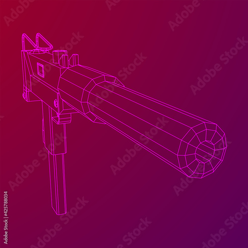 Submachine gun modern firearms pistol with silencer. Wireframe low poly mesh vector illustration. © newb1