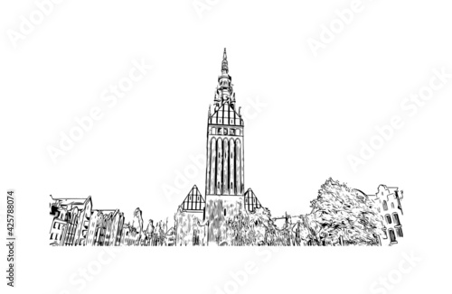 Building view with landmark of Elblag is a city in northern Poland. Hand drawn sketch illustration in vector.