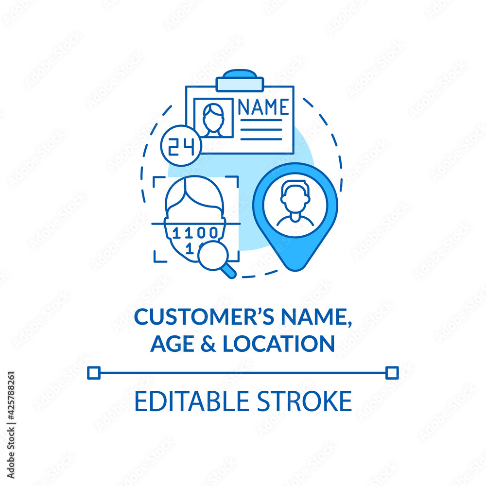 Customer age, name and location blue concept icon. Online consumer information. Target audience. Smart content idea thin line illustration. Vector isolated outline RGB color drawing. Editable stroke Customer age, name and location blue concept icon. Online consumer information. Target audience. Smart content idea thin line illustration. Vector isolated outline RGB color drawing. Editable stroke