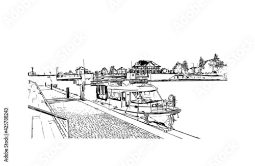 Building view with landmark of Elblag is a city in northern Poland. Hand drawn sketch illustration in vector.
