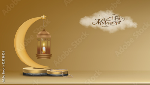 Islamic 3D Podium with golden Crescent moon, traditional islamic lantern, rosary beads, candle. Vector Horizontal Islamic Banner for Product Showcase, presentation, Base,Ramadan or Eid Mubarak Sale