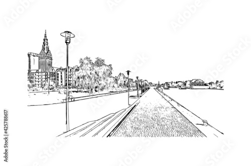 Building view with landmark of Elblag is a city in northern Poland. Hand drawn sketch illustration in vector.