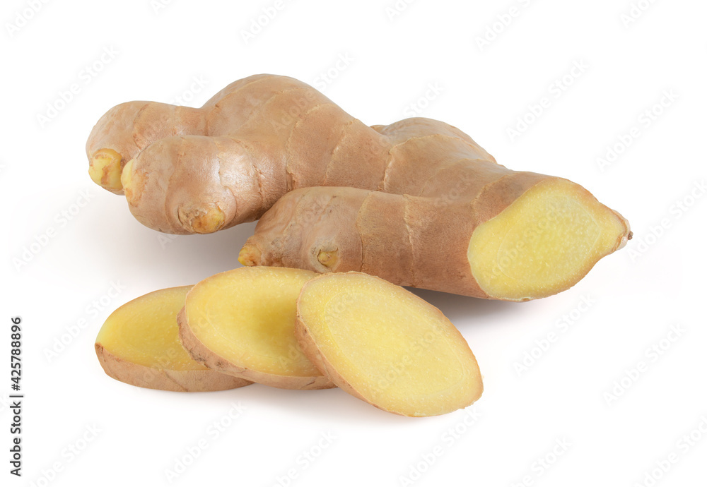 Fresh ginger root and sliced isolated on white background,clipping path. Fresh ginger root and sliced isolated on white background,clipping path.