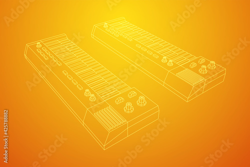 Piano roll analog synthesizer faders buttons knobs. Wireframe low poly mesh vector illustration.