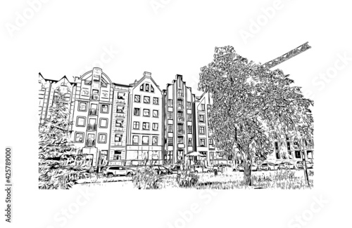 Building view with landmark of Elblag is a city in northern Poland. Hand drawn sketch illustration in vector.