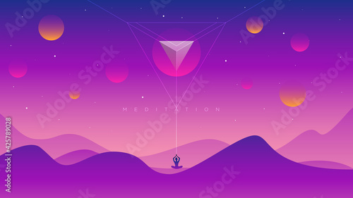 Cartoon purple desert landscape with hills and mountains silhouettes vector illustration.