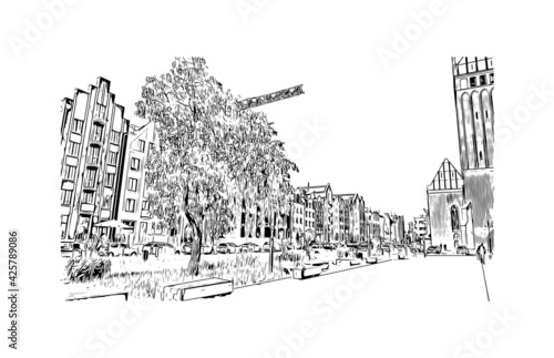 Building view with landmark of Elblag is a city in northern Poland. Hand drawn sketch illustration in vector.