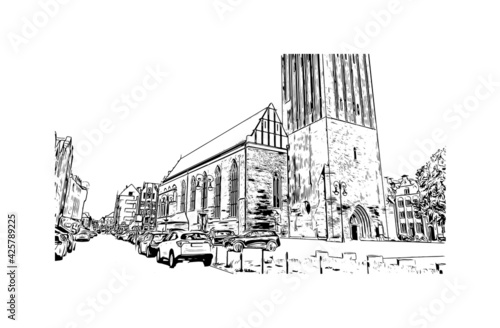 Building view with landmark of Elblag is a city in northern Poland. Hand drawn sketch illustration in vector.
