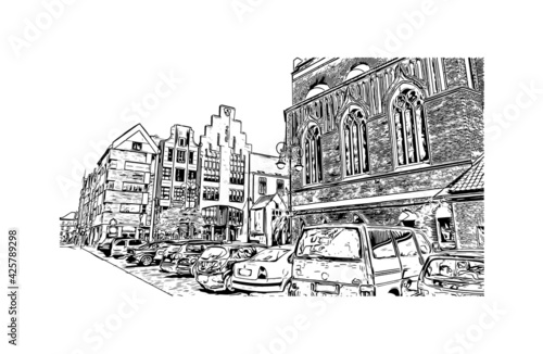 Building view with landmark of Elblag is a city in northern Poland. Hand drawn sketch illustration in vector.