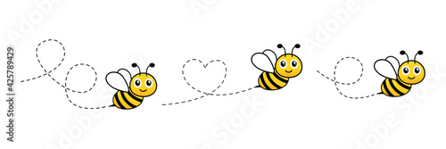 Cartoon happy bees icon set. Bee flying on dotted route collection. Vector illustration isolated on the white background.