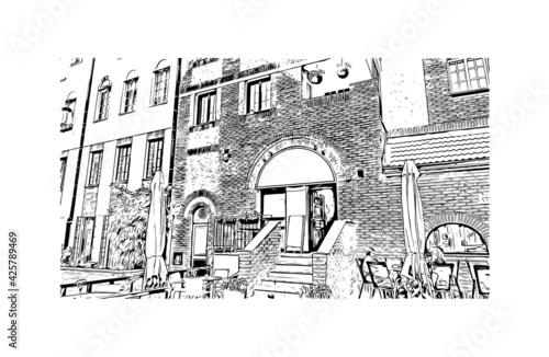Building view with landmark of Elblag is a city in northern Poland. Hand drawn sketch illustration in vector.