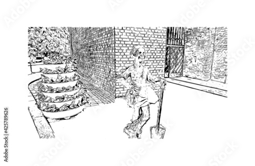 Building view with landmark of Elblag is a city in northern Poland. Hand drawn sketch illustration in vector.