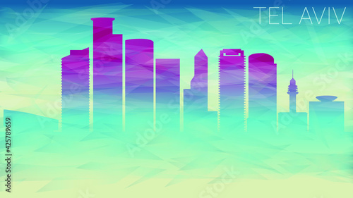 Tel Aviv Israel Skyline Silhouette. Broken Glass Abstract Geometric Dynamic Textured. Banner Background. Colorful Shape Composition.