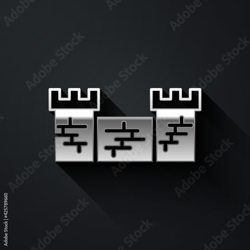 Silver Great wall of China icon isolated on black background. Long shadow style. Vector