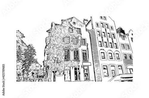 Building view with landmark of Elblag is a city in northern Poland. Hand drawn sketch illustration in vector.
