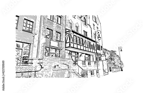 Building view with landmark of Elblag is a city in northern Poland. Hand drawn sketch illustration in vector.